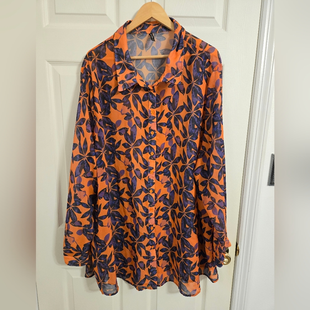 PrettyLittleThing Orange and Purple Floral Button Down Shirt Lightweight Size 26